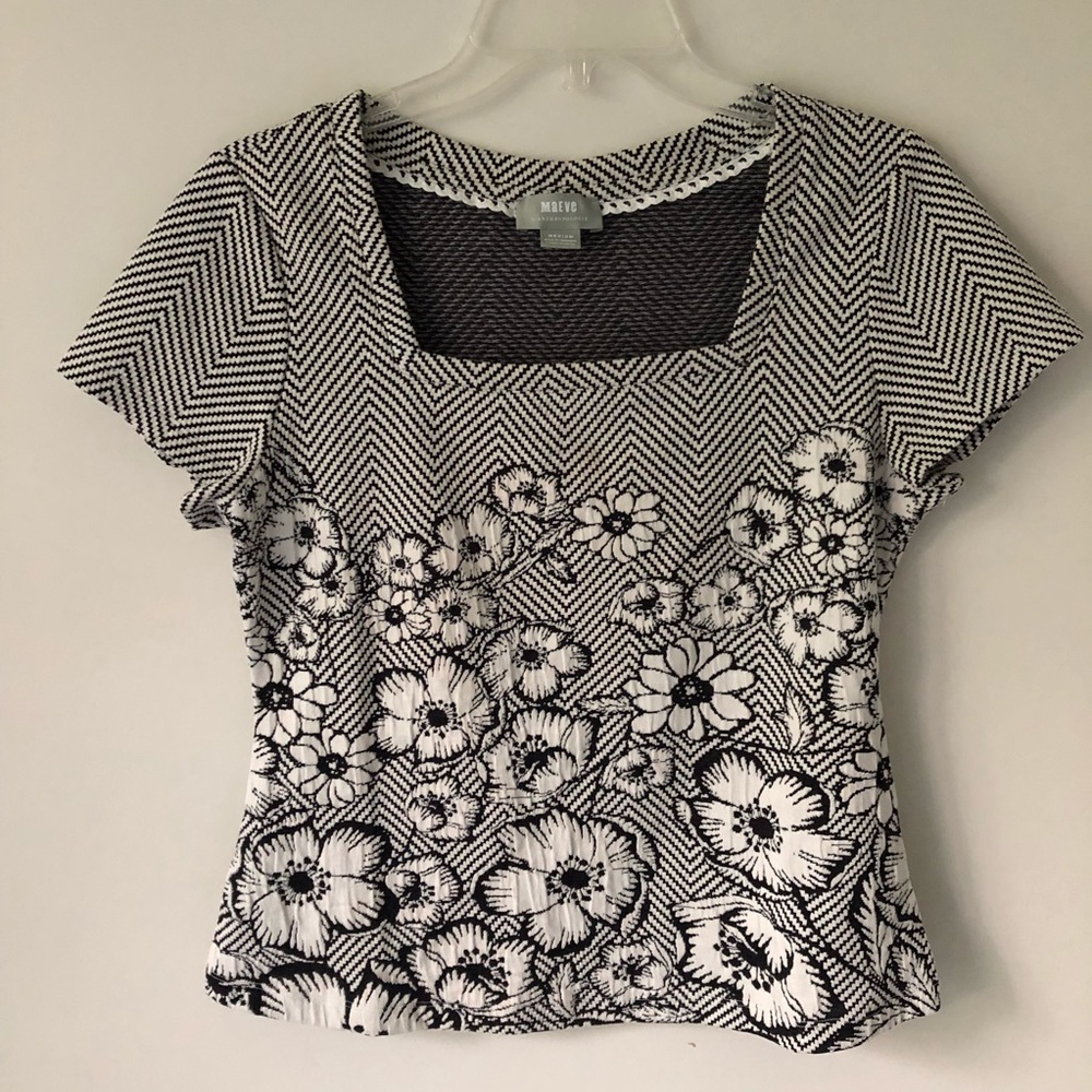 MAEVE by Anthropologie B&W Floral/Striped knit top
